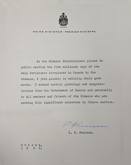 Message from Prime Minister L.B. Pearson